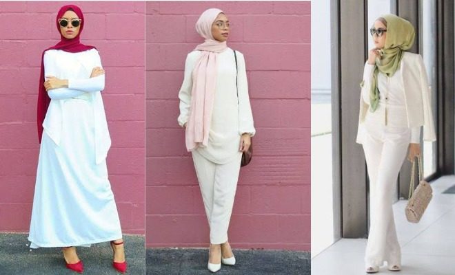 blouse putih dengan hijab warna merah