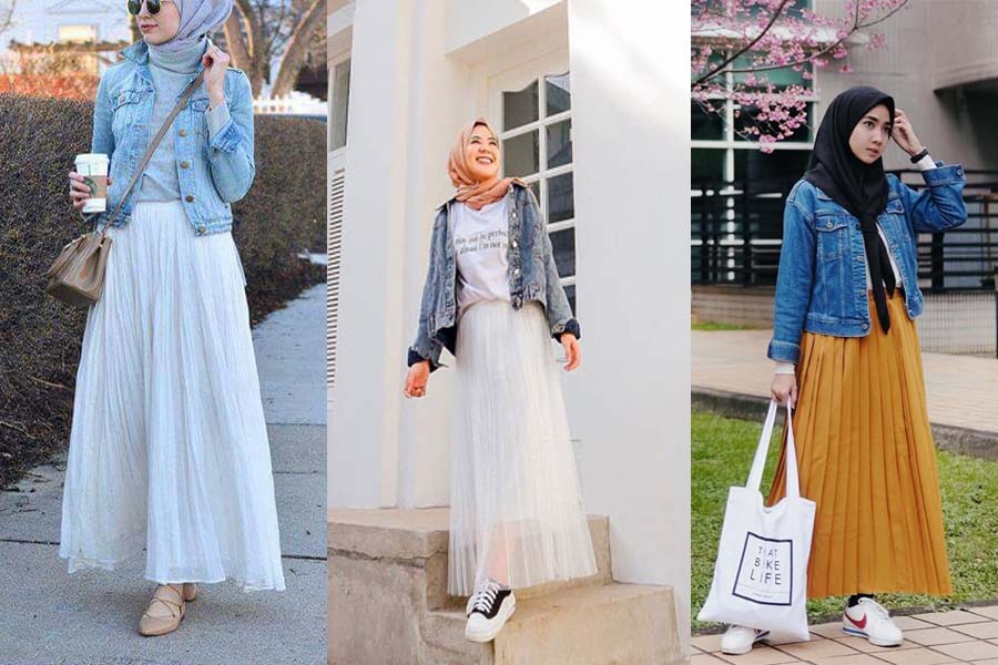 Ootd Rok Plisket Putih Jaket Denim