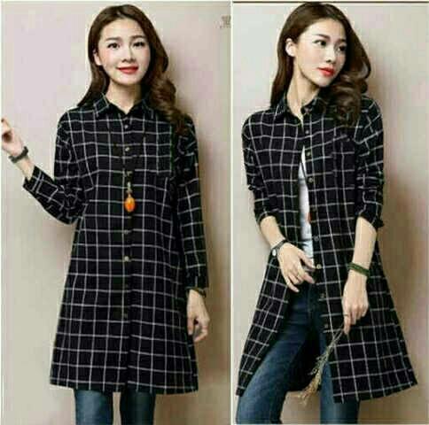 Baju Kotak kotak Dengan Dress Lengan Panjang hitam