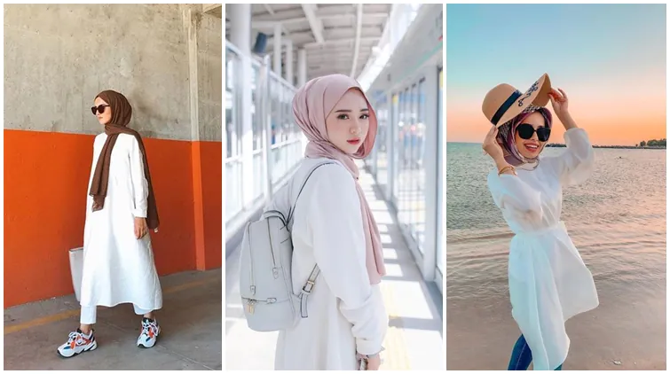 Tunik Bermotif Putih Dipadankan Dengan Celana