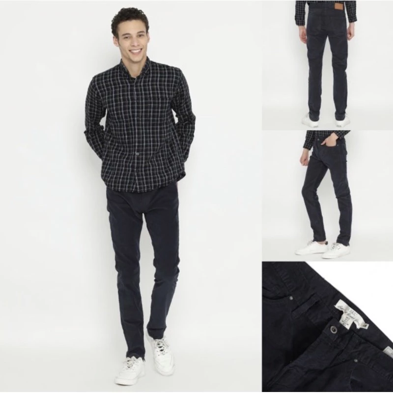 Kemeja Hitam dan Celana Plaid Skinny Fit