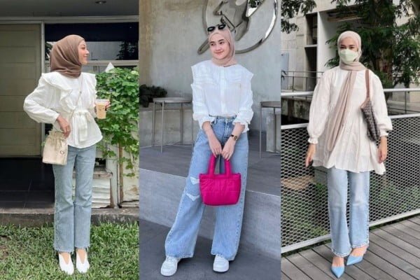 ootd Jeans Biru dan Atasan Blouse Putih
